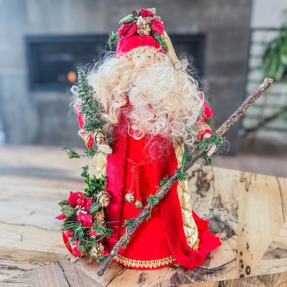 Curly Bearded Santa Claus in Red, Gold & Greenery Tree Top/Table Top Decor, 13”H - Picture 1 of 10